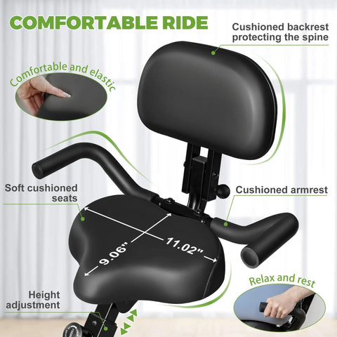Crush Your Cardio Game On This Smooth Five In One Folding Exercise Bike Featuring Sixteen Level Magnetic Resistance And Rock Solid Three Hundred Pound Build showing cushioned seat and backrest for comfort.