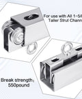 Close-up of galvanized wheel and ring-style electric hoist trolley for use with all 1-5/8 inch strut channels, 550 lb capacity.