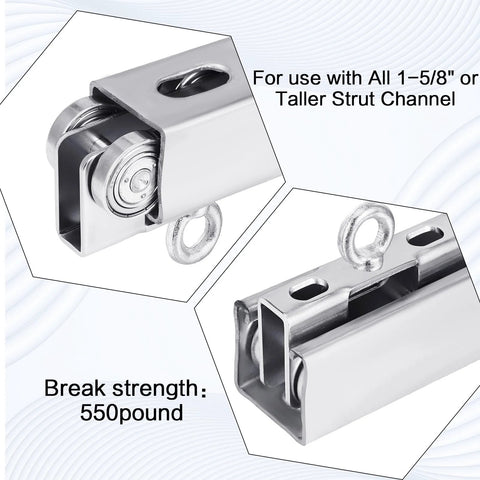 Close-up of galvanized wheel and ring-style electric hoist trolley for use with all 1-5/8 inch strut channels, 550 lb capacity.