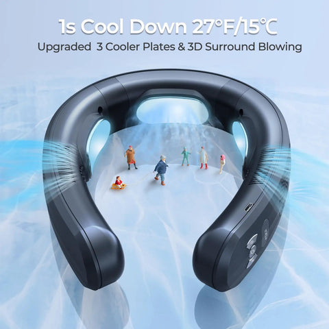 Portable Neck Air Conditioner Fan 2026 Upgrade with three cooling plates, 360 degree view, cooling effect, black color, outdoors theme