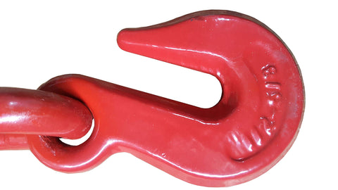 Close-up of hook from Set Of 2 Heavy Duty Chain Ratcheting Load Binders For Tie Down And Rigging, Red Finish, Industrial Grade