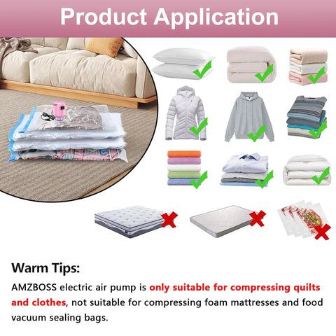 Pink electric vacuum pump for storage bags with clothes, blankets, and bedding