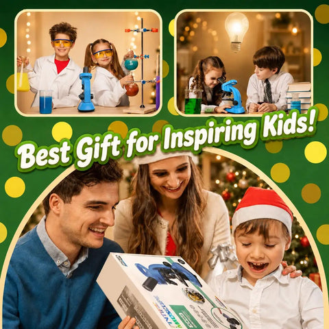 Awesome Kids Microscope Kit 40x To 1600x Magnification With LED Light STEM Toy For Beginners Ages 6 To 12 Includes Prepared Slides And Tool Set For Curious Young Scientists. Kids using blue microscope kit