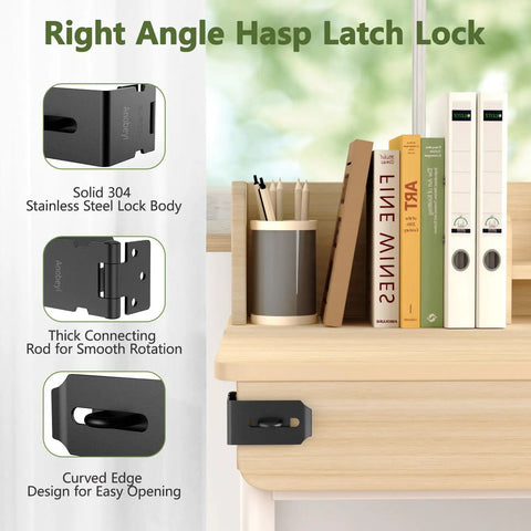 Top Shelf 90 Degree Door Hasp Latch With Padlock Slot Forged From Rust Proof 304 Stainless Steel For Backyard Gate Security And Tough As Nails Outdoor Hardware That Holds Up Great on wood surface with books.