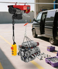 Heavy Duty 440 Lbs Electric Hoist Winch with Remote Control And Emergency Stop, Dual Mode Auto Lift For Garage Shop Warehouse Factory Work With Single Double Slings lifting an engine in a garage setting.
