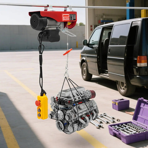 Heavy Duty 440 Lbs Electric Hoist Winch with Remote Control And Emergency Stop, Dual Mode Auto Lift For Garage Shop Warehouse Factory Work With Single Double Slings lifting an engine in a garage setting.