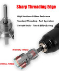 Pro Grade PPR Pipe Threading and Reaming Tool Kit for Plumbing Projects, Electric Drill Style Threader shown in detail, highlighting threading edge and smooth knob for PVC pipe.