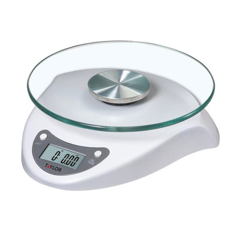 Digital Kitchen Scale With Glass Platform, Tare Button, White Plastic Body, 11 Lb 5 Kg Capacity, Precise 0.1 Oz And 1 G Increments