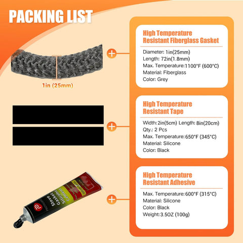 Wood stove gasket kit: 1in gray fiberglass rope, 72in length; includes two black silicone tapes and adhesive tube