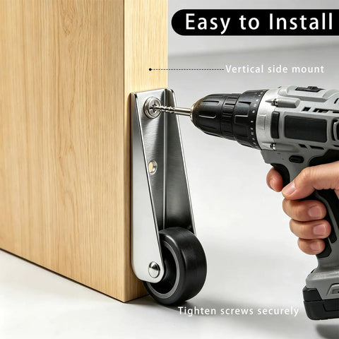 Installation of Heavy Duty Gate Caster Wheels 4 Pack Replacement Roller Wheels on wood surface with drill tool.