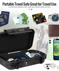 Portable Waterproof Security Lock Box With Combination Lock showing contents like watch, phone, and passport, durable ABS shell
