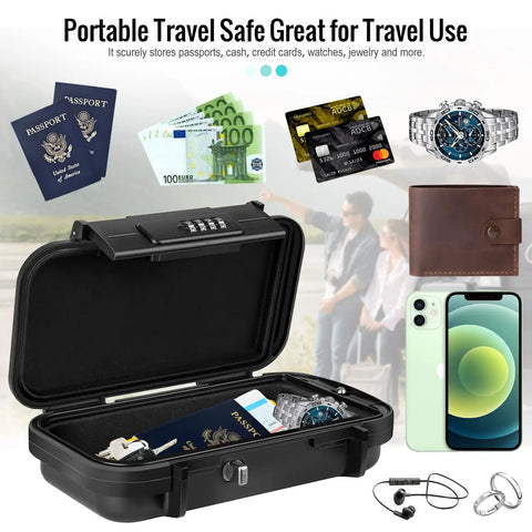 Portable Waterproof Security Lock Box With Combination Lock showing contents like watch, phone, and passport, durable ABS shell