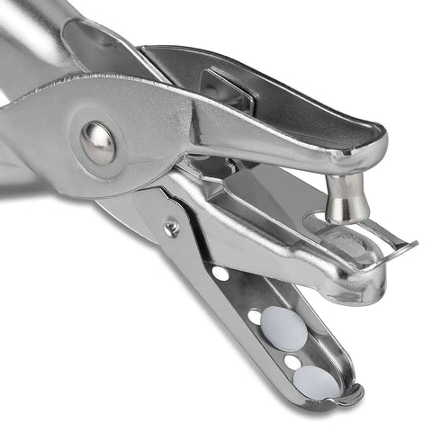 Close-up of compact metal paper punch, silver chrome-plated steel, showing five-sheet capacity for office and home use.