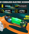 Hassle Free Cordless Electric Scissors Rechargeable Box Cutter With Led Light And Safety Lock For Fabric Leather Carpet Crafting showing 4V battery and features.