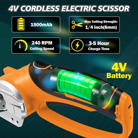 Hassle Free Cordless Electric Scissors Rechargeable Box Cutter With Led Light And Safety Lock For Fabric Leather Carpet Crafting showing 4V battery and features.