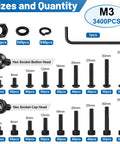 The Whole Shebang M3 Hex Socket Screw And Cap Head Bolt Assortment Kit With Matching Nuts And Washers 3400 Piece Metric Fastener Bundle size and quantity overview.