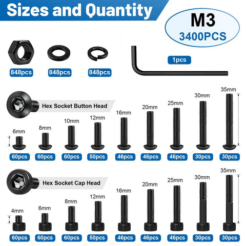 The Whole Shebang M3 Hex Socket Screw And Cap Head Bolt Assortment Kit With Matching Nuts And Washers 3400 Piece Metric Fastener Bundle size and quantity overview.