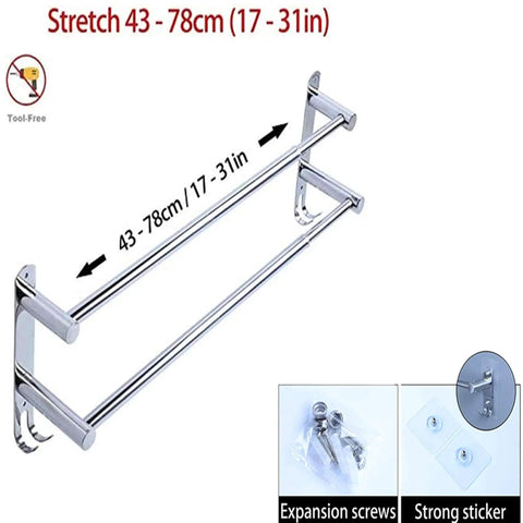 Freely Retractable Stainless Steel 304 Towel Rack Two Layer 20 To 30 Inch with adhesive and screw mounting options shown