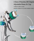 Pro Grade HVLP Spray Gun With Adjustable One Point Four One Point Seven And Two Point Zero Millimeter Tips showing nozzles and air cap.
