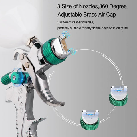 Pro Grade HVLP Spray Gun With Adjustable One Point Four One Point Seven And Two Point Zero Millimeter Tips showing nozzles and air cap.