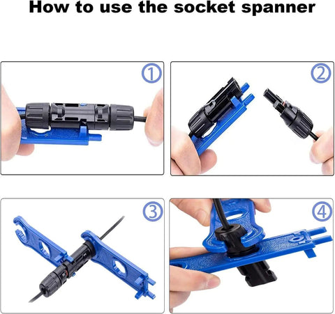 MC4 Solar Panel Connectors Kit 50 Pairs With 2 Spanners, IP67 Waterproof Male And Female Plugs For 14 AWG To 10 AWG Solar Wiring shown in use
