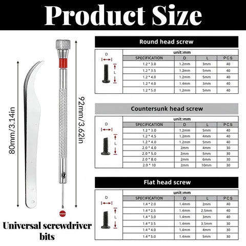Product size chart for 630 Piece Eyeglass Repair Kit With Screws And Tiny Micro Fasteners For Electronics Repair Watches And Laptops.