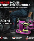 Person sitting on 3-Drawer Rolling Mechanic Seat with Storage Tray, 350 Lbs Capacity, purple stool on wheels next to car