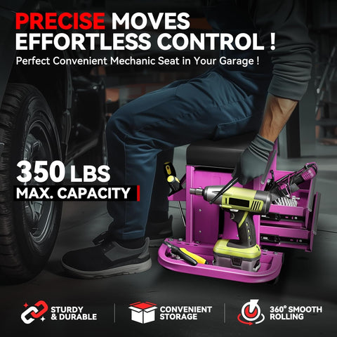 Person sitting on 3-Drawer Rolling Mechanic Seat with Storage Tray, 350 Lbs Capacity, purple stool on wheels next to car