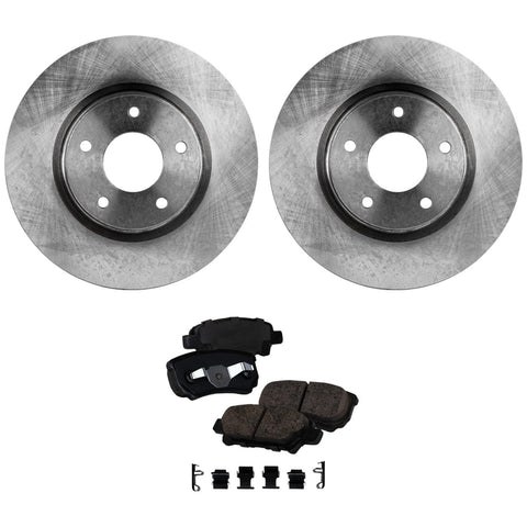 Front brake rotor pair with pads and hardware for Nissan Altima 2013–2021; two silver steel discs by Amazon