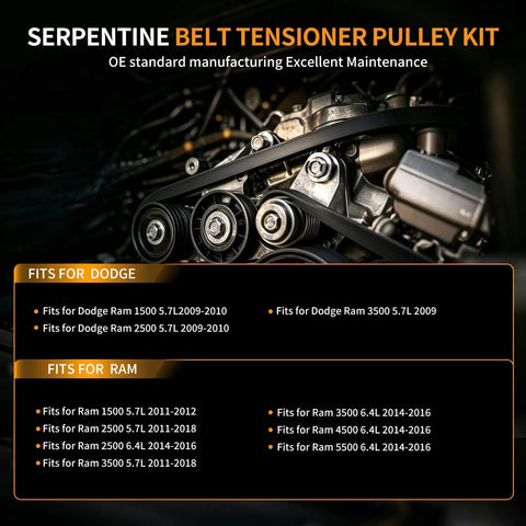 Get Your Dodge Ram Running Like A Dream With This Premium Serpentine Belt Tensioner Idler Pulley Assembly Kit That Replaces Part 38323 For Effortless Engine Performance And Long Lasting Durability On The Road Today. Installed on Dodge Ram 5.7L engine