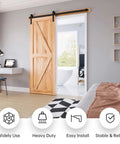 Five Foot Heavy Duty Sliding Barn Door Hardware Track Kit With J Pulley Ball Bearing Rollers installed on wooden door