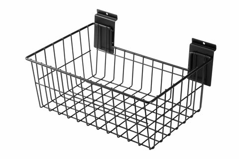 Built Tough Heavy Duty 15 Inch Width Slatwall Hanging Baskets Set Of 5 Steel Wire Storage Bins for garage shown installed