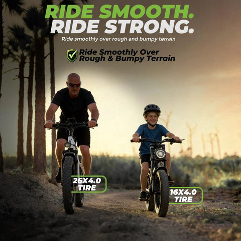 Adult and child riding bikes with 16x4.0 tire, showcasing Two Pack 16x4 Inch Fat Tire Inner Tubes With Schrader Valve For Kids Electric Bikes