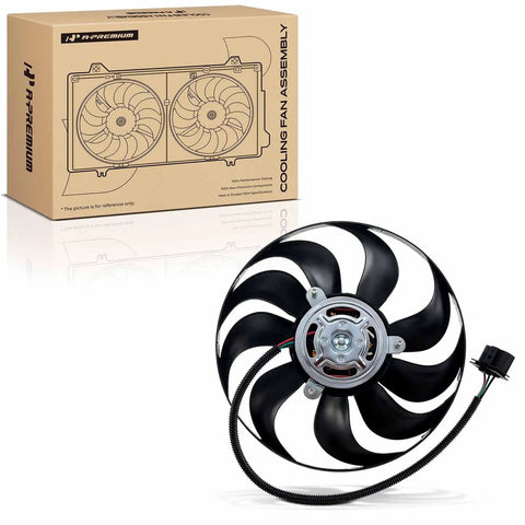 Engine Radiator Cooling Fan Assembly For Audi TT VW Jetta Beetle Golf 18 Liter with 9 blades and 3-pin plug detail.
