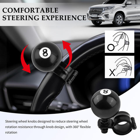 Black 8 Ball Steering Wheel Knob Spinner, 360 Degrees Rotatable One Hand Grip For Easy Backing Up And Quick Turns, Universal Car Accessory.