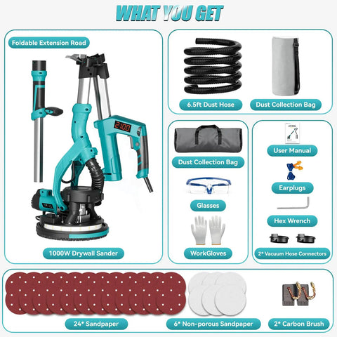 Components of Drywall Sander With Vacuum Dust Collection And Digital Display 1000W Popcorn Ceiling Removal Tool Electric Drywall Sander