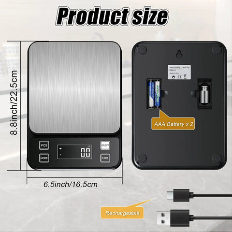 Waterproof Kitchen Scale With 0.1g Precision, 10kg/22lb Digital Food Scale In Stainless Steel With Backlit Display, front and back view