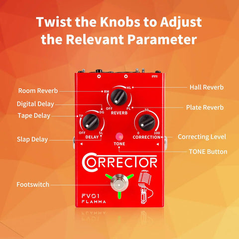 FV01 Vocal Effects Processor With Pitch Correction And Delay Reverb, red stompbox with control knobs for live performances