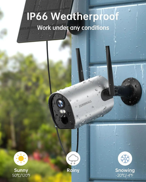 Outdoor Wireless Security Camera with 2K Solar Power and 3MP Color Night Vision Weatherproof WiFi Surveillance Camera in rainy weather
