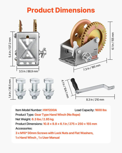 Beefy 1600 Lb Hand Boat Winch With 4 To 1 Gear Ratio Portable Two Way Ratchet Rope Crank Easy Install For Boat Trailers And ATVs Heavy Duty Towing Power dimensions, 1600 lb steel hand winch with mounting bolts and crank