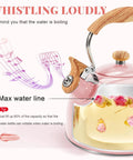 Pink Stainless Steel Tea Kettle For Stove Top 2.6 Qt Whistling Kettle With Wood Pattern Folding Handle And Thumb Control Spout