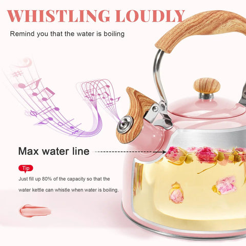 Pink Stainless Steel Tea Kettle For Stove Top 2.6 Qt Whistling Kettle With Wood Pattern Folding Handle And Thumb Control Spout
