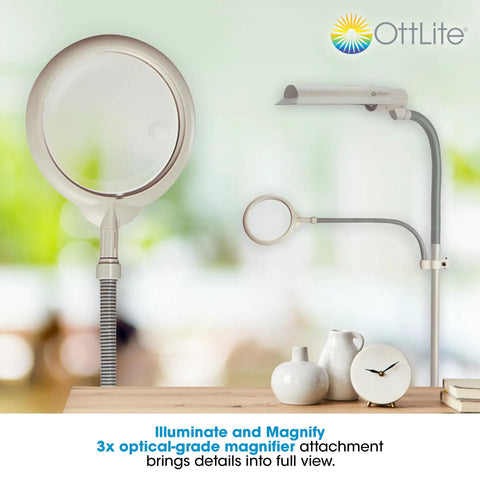 Lit 18W EasyView Floor Lamp With 3X Magnifier Attachment Flexible Neck Wide Wing Shade in office setting.