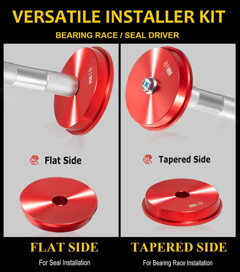 Heavy Duty Bearing Race And Seal Driver Kit 43 Piece Set With 39 Adapters And 4 Seal Drivers showing flat and tapered sides.