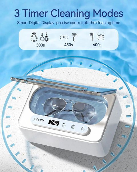 Ultrasonic Jewelry Cleaner Pro 47kHz Deep Cleaning Machine With Three Cleaning Modes For Retainers Mouth Guards Watches Rings Diamonds White Dope Cleaning Power shown with glasses.
