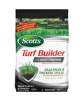Front view of a 25 lb bag of Scotts Turf Builder with Moss Control, covering 5,000 sq ft, for hassle free moss control that kills moss and thickens grass, fills bare spots, and feeds to prevent future moss, improves water and nutrient uptake, great for winter or spring lawn care, covers 5,000 sq ft.