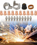 Premium 24 Piece Plasma Cutter Consumables Kit For IPT60 And PT60 Torch showing copper nozzles and electrodes for welding.