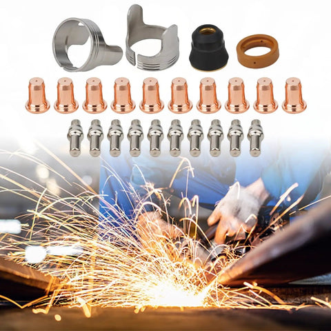 Premium 24 Piece Plasma Cutter Consumables Kit For IPT60 And PT60 Torch showing copper nozzles and electrodes for welding.