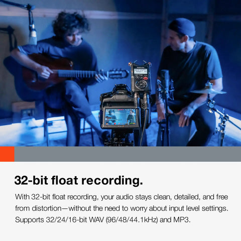 4 Channel Field Recorder With 32Bit Float And USB C Audio Interface used in music recording session with guitar and mic setup