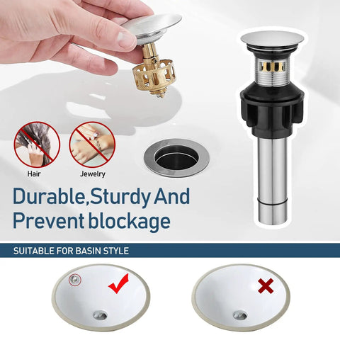 Black Bathroom Faucet Waterfall Style Single Handle With Easy Install Pop Up Drain showing blockage prevention feature.